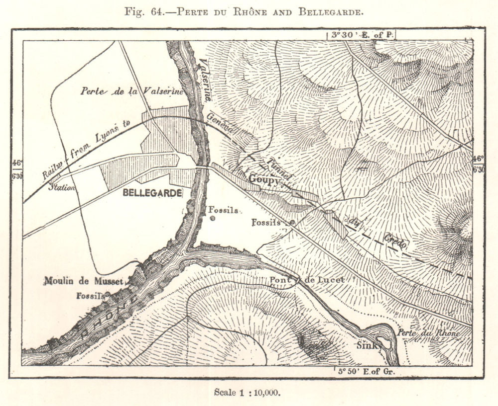 Perte du Rhone and Bellegarde. Ain. Sketch map 1885 old antique plan chart